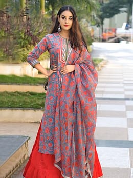 Sky Blue Cotton Floral Block Print Kurta with Gharara and Dupatta
