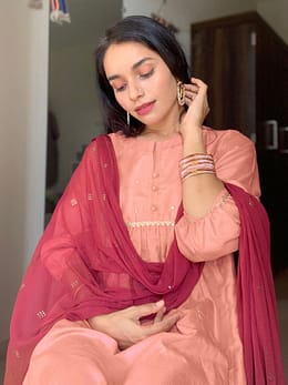 Peach Poly Silk Solid Kurta with Pant and Dupatta
