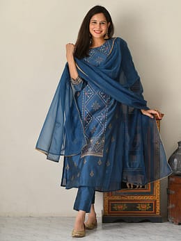 Teal Poly Silk Kurta With Pant and Dupatta