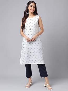White Cotton Floral Printed Straight Kurta