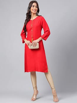 Red Rayon Solid Straight Kurta