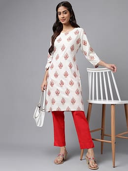 Off White Cotton Ethnic motifs Straight Kurta