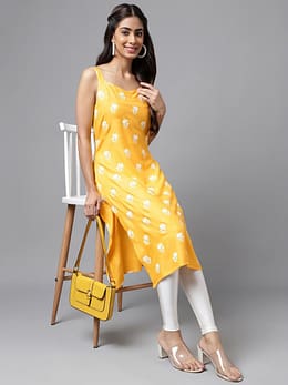 Mustard Cotton Floral Print Straight Kurta