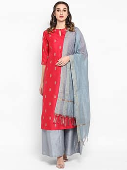 Red Poly Silk Kurta With Palazzo and Dupatta