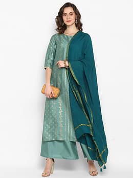 Light Green Poly Silk Floral Print Kurta with Palazzo and Dupatta