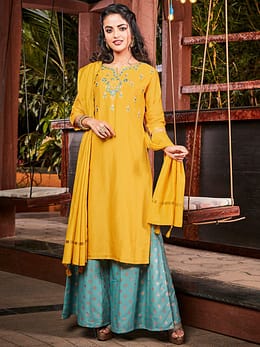 Yellow Poly Muslin Embroidered Kurta with Palazzo and Dupatta