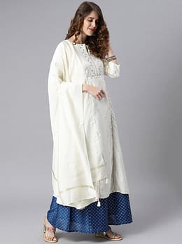Off- White Poly Silk Ethnic Motifs Kurta with Palazzo and Dupatta