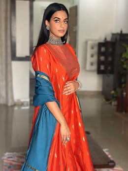 Orange Poly Silk Floral Print Kurta with Dupatta