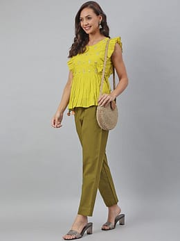 Yellow Cotton Embroidered Peplum Top