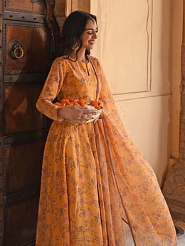 Yellow Georgette Floral Print Kurta with Flared Palazzo and Dupatta