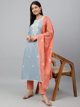 Grey Poly Silk Floral Embroidery Kurta with Pant and Dupatta