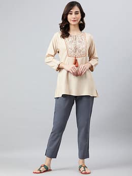 Beige Rayon Slub Embroidered A-Line Top