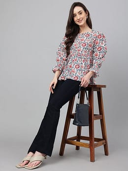 White Cotton Floral Print Flared Top