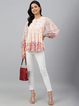 Peach Georgette Floral Print Flared Top