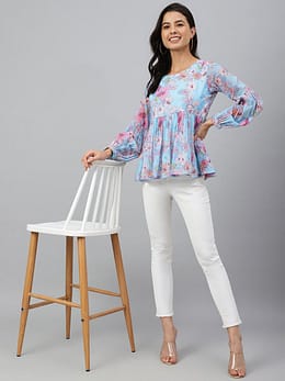 Sky Blue Georgette Floral Print Flared Top
