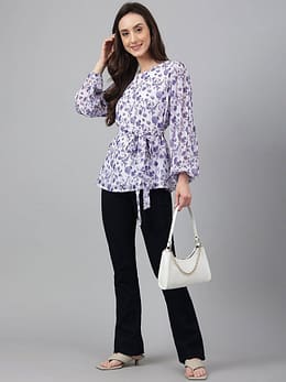 White Georgette Floral Print Flared Top