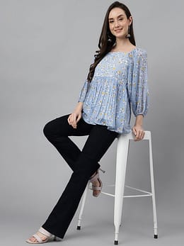 Women's Blue Georgette Floral Print Peplum Top