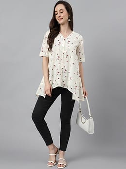 Off White Cambric Cotton Botanical Print Asymmetric Top