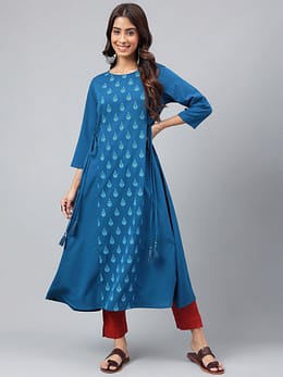 Teal Blue Crepe Ethnic Motif Printed A-Line Kurta