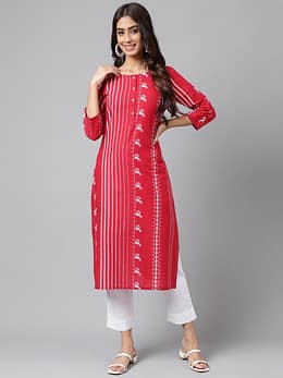 Red Cotton Ethnic Motif Printed Straight Kurta