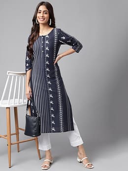Navy Blue Cotton Ethnic Motif Printed Straight Kurta