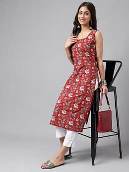 Maroon Cotton Botanical Printed Straight Kurta
