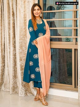 Teal Poly Crepe Gold Print Kurta with Pant and Dupatta