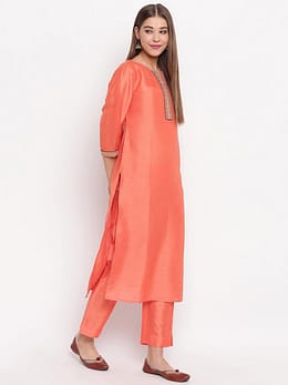 Peach Poly Silk Solid Kurta with Pant and Dupatta