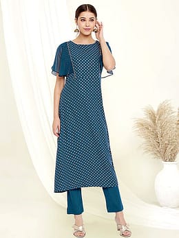 Teal Poly Crepe Polka Print Kurta with Pant