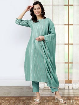 Green Poly Silk Striped Kurta with Pant and Dupatta