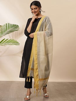 Black Poly Silk Solid Kurta with Pant and Dupatta