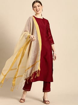 Maroon Poly Silk Solid Kurta with Pant and Dupatta