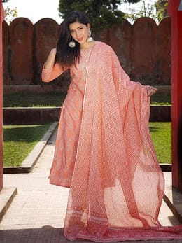 Light Pink Cotton Floral Print Kurta with Pant and Dupatta