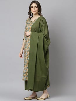 Peach Cotton Floral Print Kurta with Palazzo and Dupatta