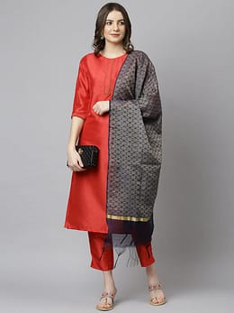 Red Poly Silk Solid Kurta with Pant and Dupatta