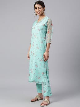 Sea Green Organza Floral Print Kurta with Pant