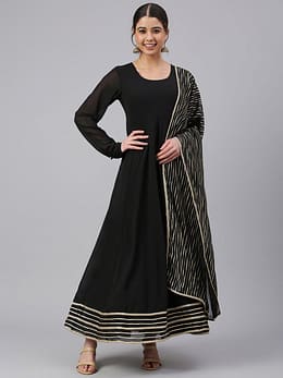 Black Georgette Solid Kurta with Dupatta