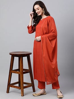 Orange Rayon Striped Kurta with Pant and Dupatta