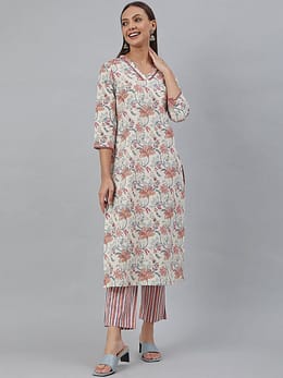 Off-White Cotton Printed Kurta with Pant