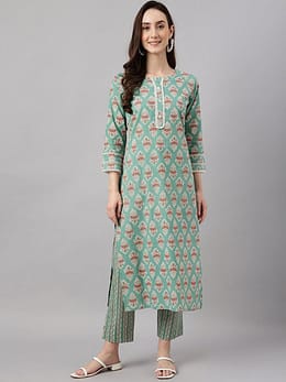 Women's Mint Green Cotton Floral Print Kurta with Pant