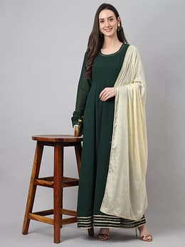 Women's Bottle Green Georgette Solid Kurta with Dupatta