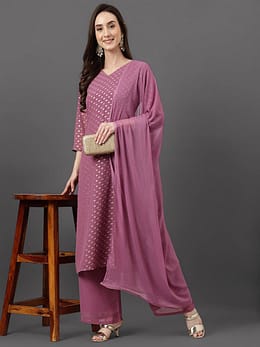 Purple Georgette Foil Print Kurta with Palazzo and Dupatta