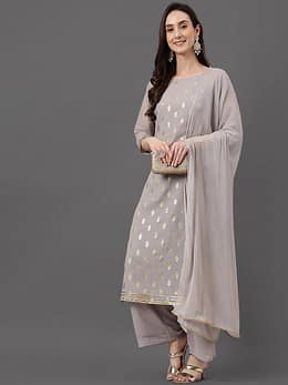 Grey Georgette Foil Print Kurta with Palazzo and Dupatta