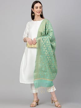 Off White Crepe Silk Solid Kurta with Pant and Dupatta