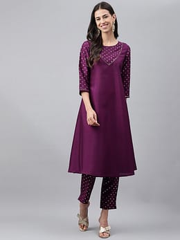 Purple Crepe Silk Solid Kurta with Pant