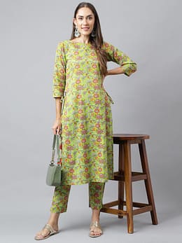Green Cotton Floral Printed Long Slit Kurta with Pant