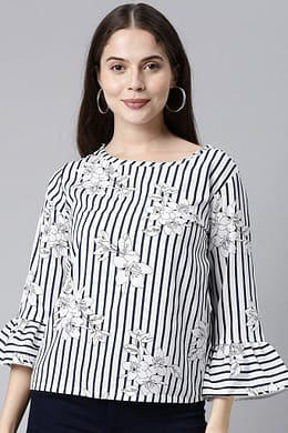 White Poly Crepe Striped Regular Top VT1026