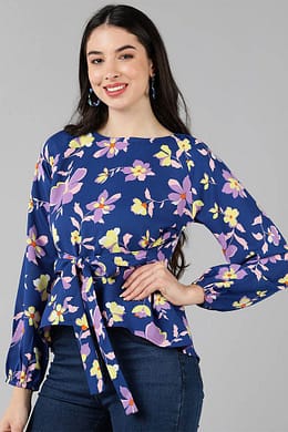 Navy Blue Georgette Floral Print Top VT1187