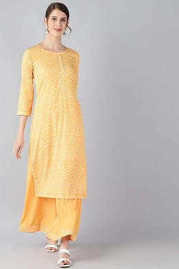 Crepe Yellow Bandhani Printed Straight Kurta Palazzo Set PKSET1003E