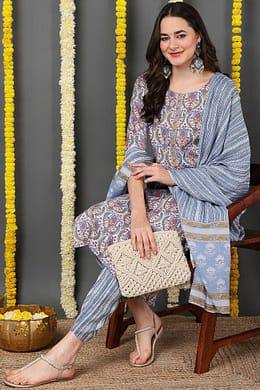 Grey Rayon Blend Ethnic Motifs Printed Straight Suit Set VKSKD2101
